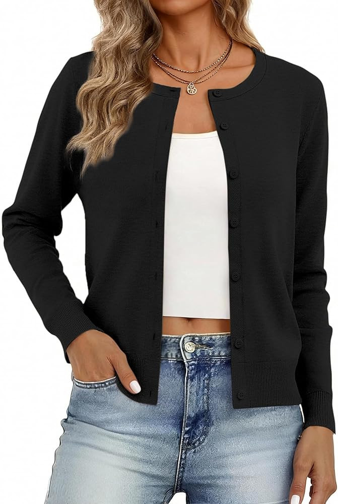 Bellcoco Women's Cardigan Sweaters Lightweight Crew Neck Button Down Long Sleeve Spring Outfits F... | Amazon (US)