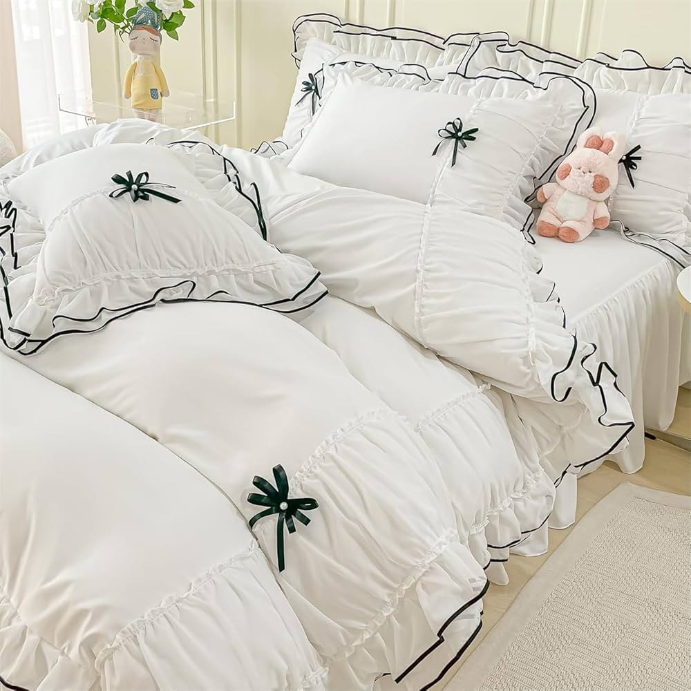 IHOUSTRIY White Duvet Cover Queen Size, Ruffle Beddding Set with Bowtie, 3 Pieces Comforter Cover... | Amazon (US)