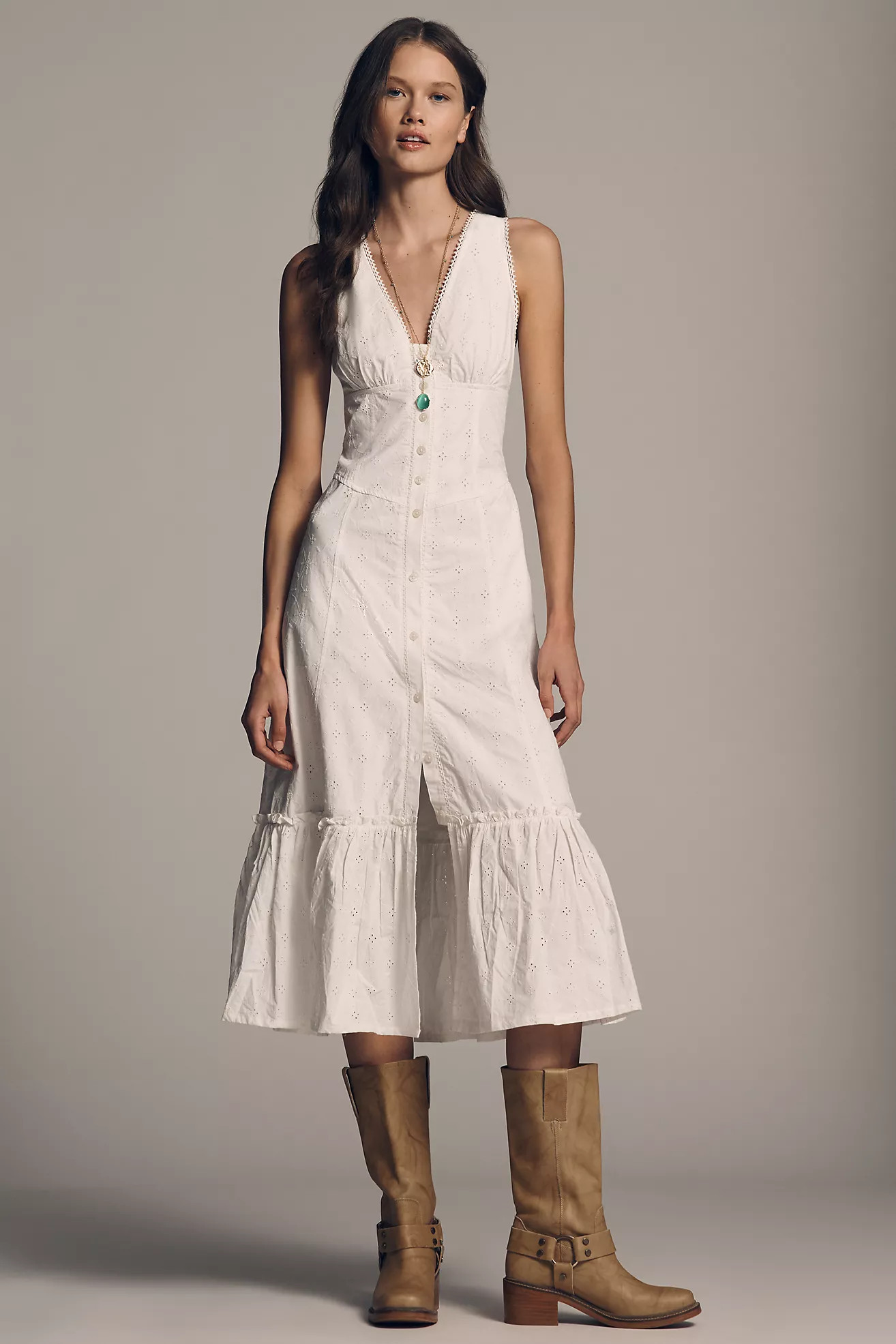 By Anthropologie Eyelet V-Neck Sleeveless Midi Dress | Anthropologie (US)