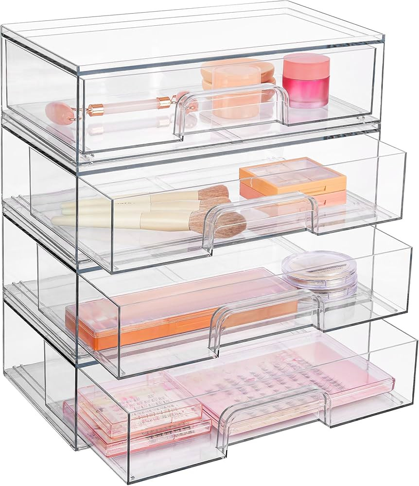 Vtopmart 12.1''W Clear Stackable Storage Drawers,4 Pack Acrylic Plastic Organizers Bins for Makeu... | Amazon (US)