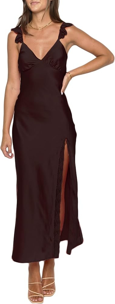Summer Satin Lace Backless Spaghetti Strap Maxi Dress for Wedding Guest Silk Sleeveless V Neck Sl... | Amazon (US)