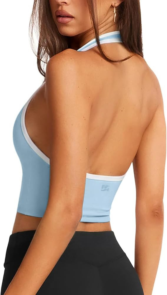 Halter Workout Top for Women: Open Back Sports Bra Color Block Tops with Built in Bra Yoga Gym Cr... | Amazon (US)
