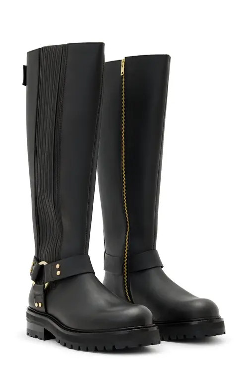 AllSaints Maddie Knee High Moto Boot in Black at Nordstrom, Size 9 | Nordstrom