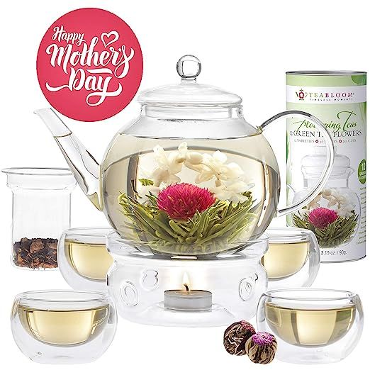 Teabloom Blooming Tea Set - Stovetop Safe Glass Teapot with 12 Flowering Teas, Tea Warmer, 4 Doub... | Amazon (US)