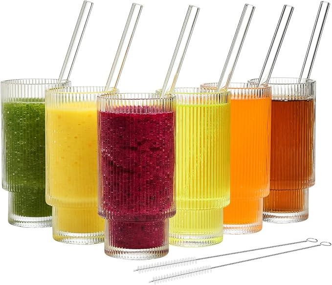 ALINK Ribbed Drinking Glasses with Glass Straws 6pcs Set, Vintage Iced Coffee Cups Glassware, Ori... | Amazon (US)