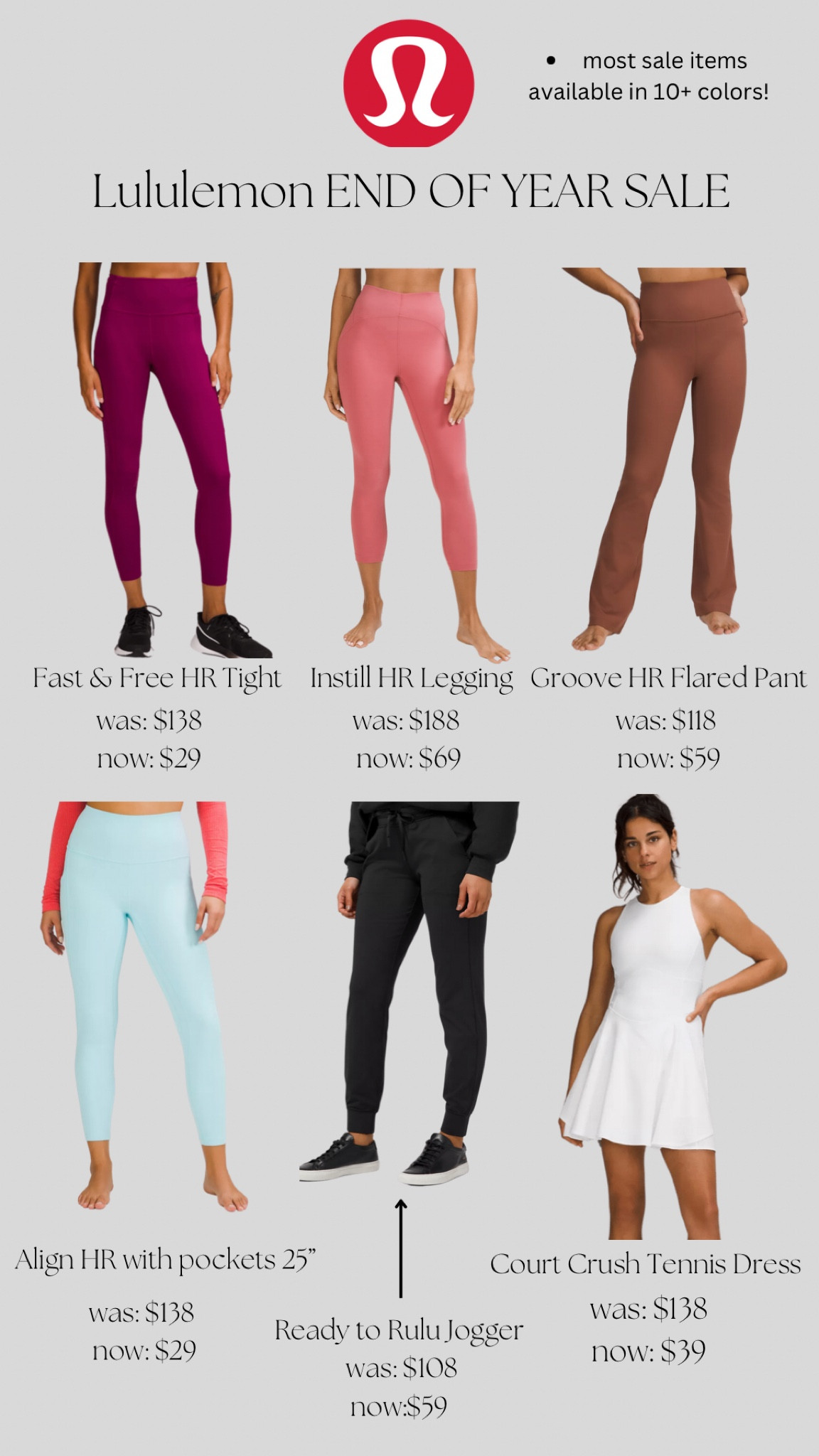 Lululemon END OF YEAR SALE pt 2 (womens clothing) 
Great chance to grab Aligns and joggers right now! Most items available in all sizes and 10+ colors. (Some items may be priced higher than lowest sales price due to color)
- Tennis Dresses and Skirts
- Rulu Joggers 
- Instill tights 
- Align leggings 
- Flared Leggings 

#LTKunder100 #LTKfit #LTKsalealert