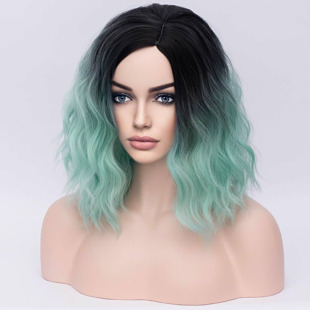 BERON 14" Green Ombre Wigs forWomen Girls Short Curly Bob Wavy Wig Girls Black and Green Body Wav... | Amazon (US)