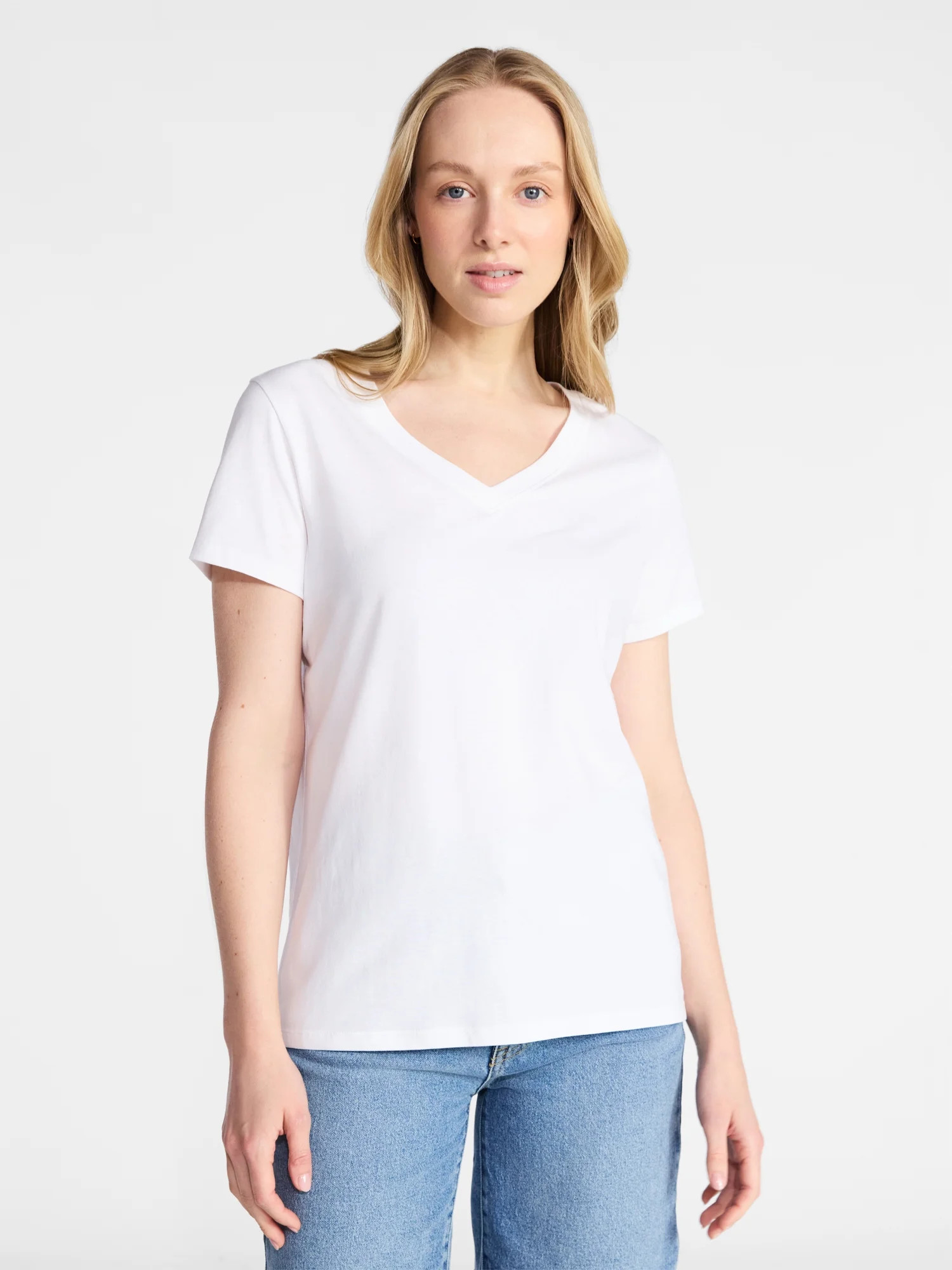 Time and Tru Women's Cotton V-Neck Tee with Short Sleeves, Sizes XS-XXXL | Walmart (US)