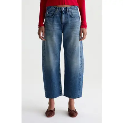 AG Hattie Raw Hem High Waist Crop Barrel Leg Jeans in Sunrise at Nordstrom, Size 27 | Nordstrom