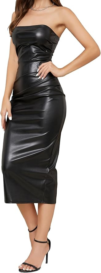 Womens Faux Leather Dress Strapless Sexy Bodycon Ruched Waist Cocktail Party Clubwear Midi Dress | Amazon (US)
