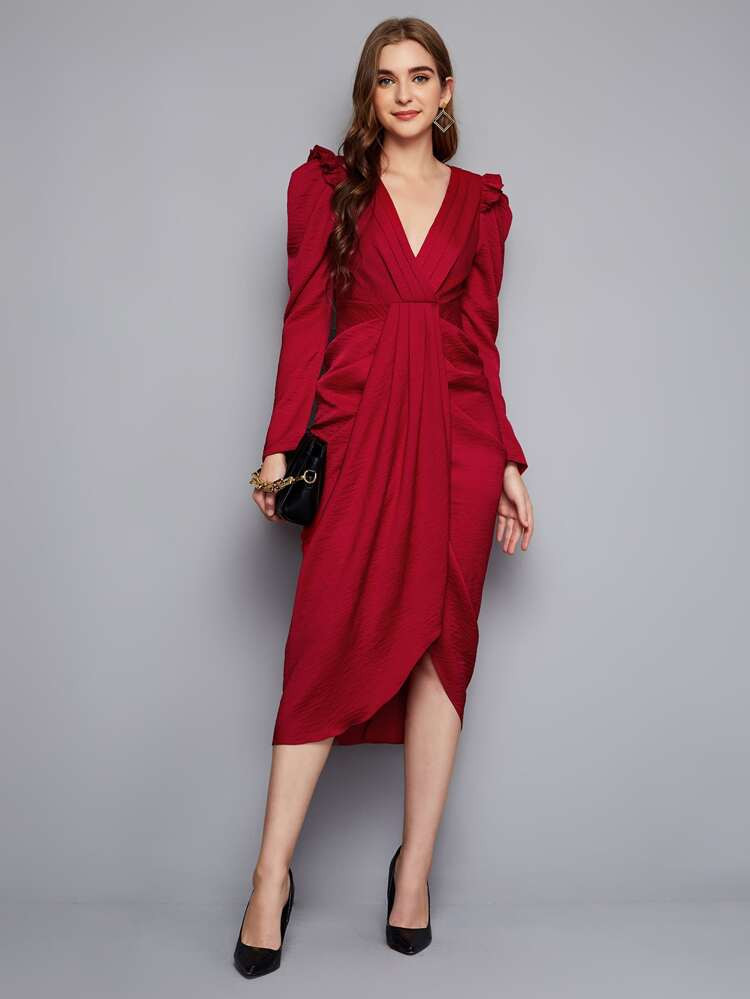 SHEIN Plunging Neck Frill Trim Twist Front Dress | SHEIN