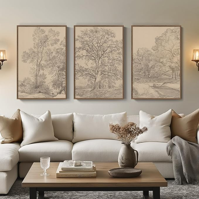 Large Vintage Framed Neutral Landscape Wall Art for Living Rooms, 3 Piece Retro Big Tree Sketch B... | Amazon (US)