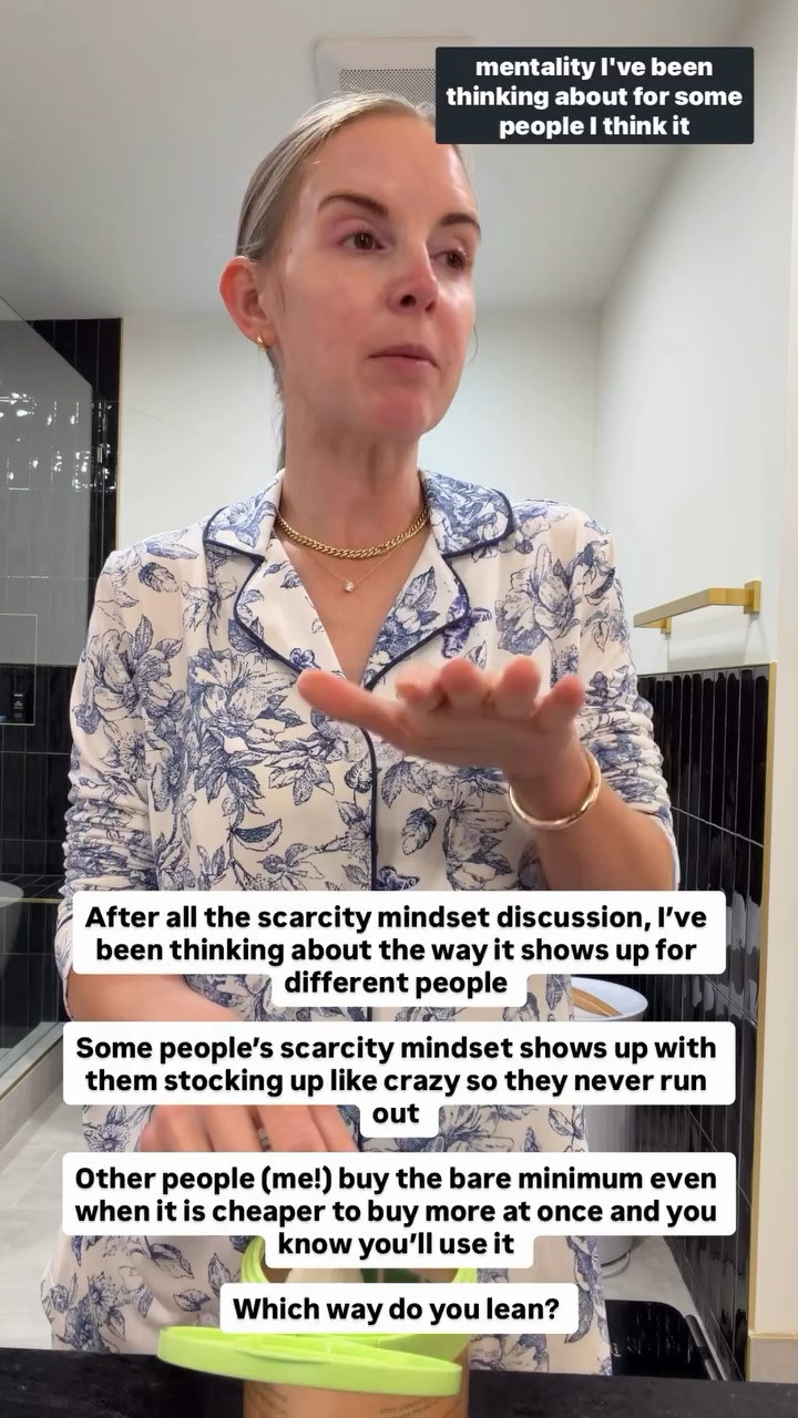After all the scarcity mindset discussion, I’ve been thinking about the way it shows up for different people 

Some people’s scarcity mindset shows up with them stocking up like crazy so they never run out 

Other people (me!) buy the bare minimum even when it is cheaper to buy more at once and you know you’ll use it

#LTKBeauty