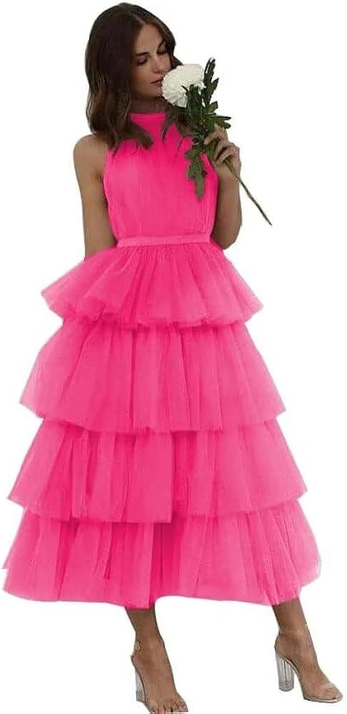 Women's Layered Tulle Prom Dresses Tea Length Princess Party Gown with High Neck Backless Evening... | Amazon (US)