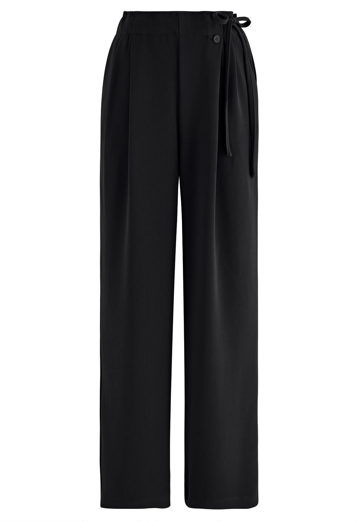 Side Drawstring Pleated Straight Leg Pants in Black | Chicwish
