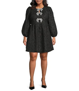 Sugarlips Plus Arielle Floral Jacquard Rhinestone Bow Round Neck Long Sleeve Dress | Dillard's | Dillard's