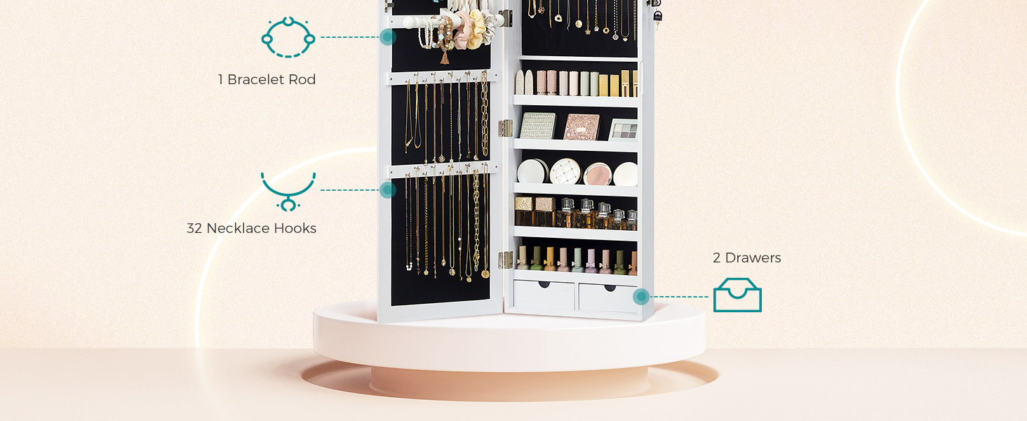 SONGMICS 6 LEDs Mirror Jewelry Cabinet, Christmas Gifts, 47.2"H Lockable Wall/Door Mounted Jewelr... | Amazon (US)