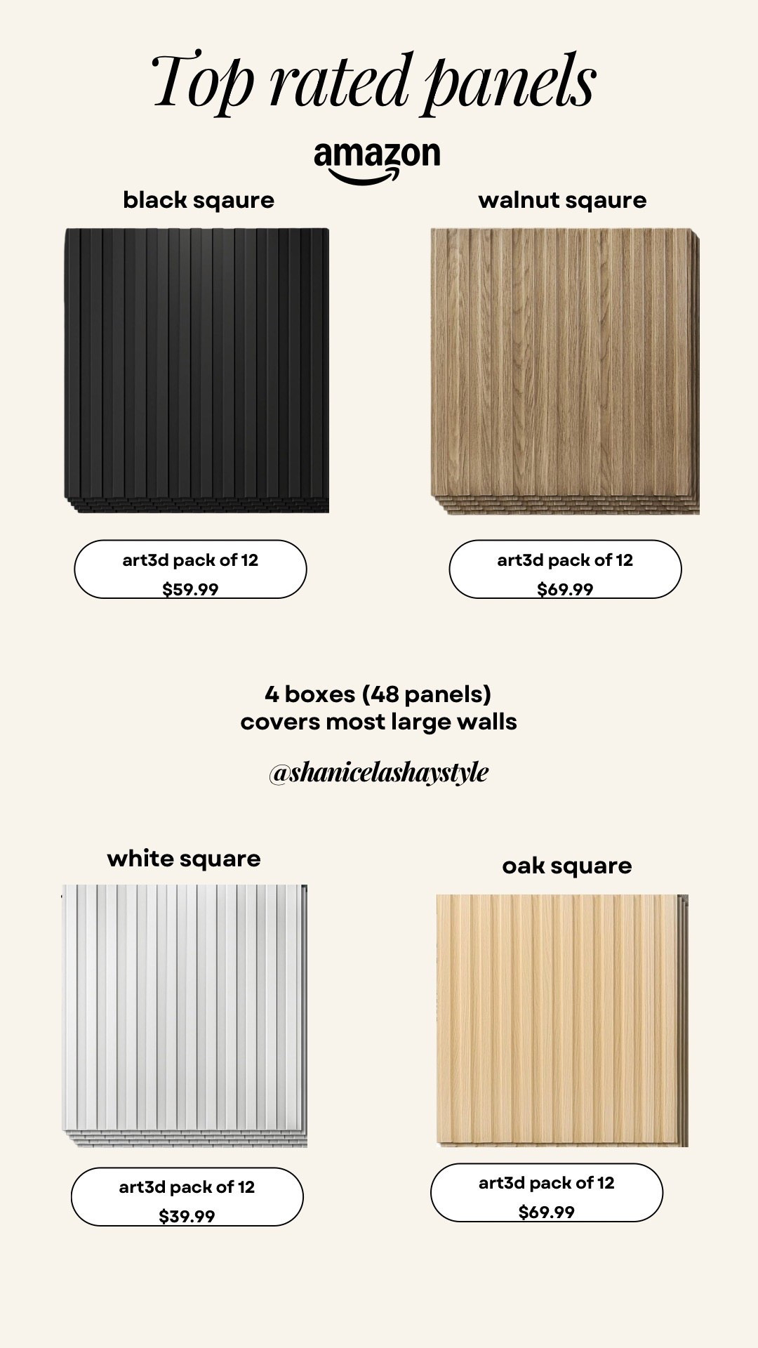 My top selling wall panels by Art3D! These have held up so well. I consistently recommend to people.  

✨19.7x19.7 (square) are the exact measurements 
✨12 in each box 
✨4 boxes should be enough for a pretty large wall. 

#interiorstyling #wallpanels #diy #topfinds 

#LTKSaleAlert #LTKHome