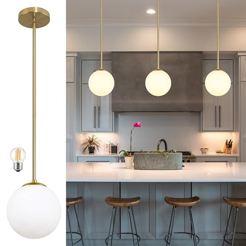 Bagood 6" Globe Pendant Light Gold Mid Century Pendant Light Globe Pendant Lights Kitchen Island Brushed Brass Finished with Milk Glass Lampshade Adjustable Ceiling Light Fixtures for Kitchen | Amazon (US)
