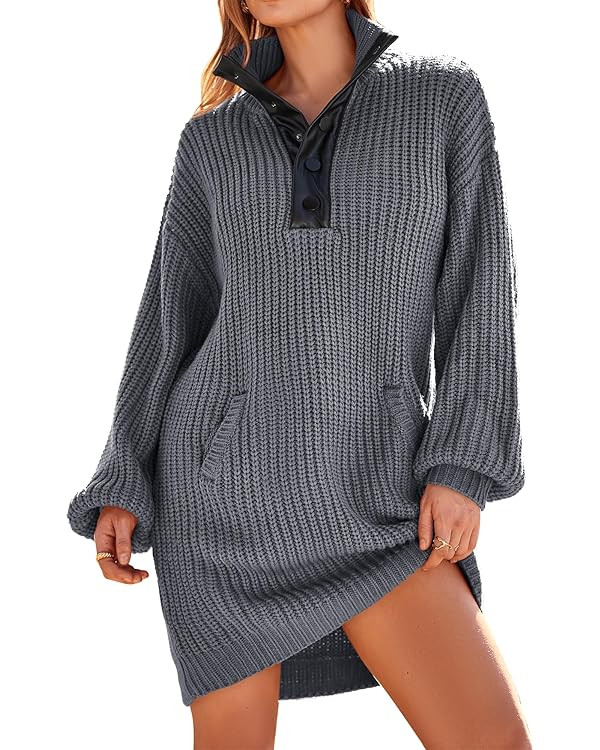 KIRUNDO Womens Fall Fashion 2023 Oversized Sweater Dress Casual Button V Neck Long Sleeve Pockets... | Amazon (US)