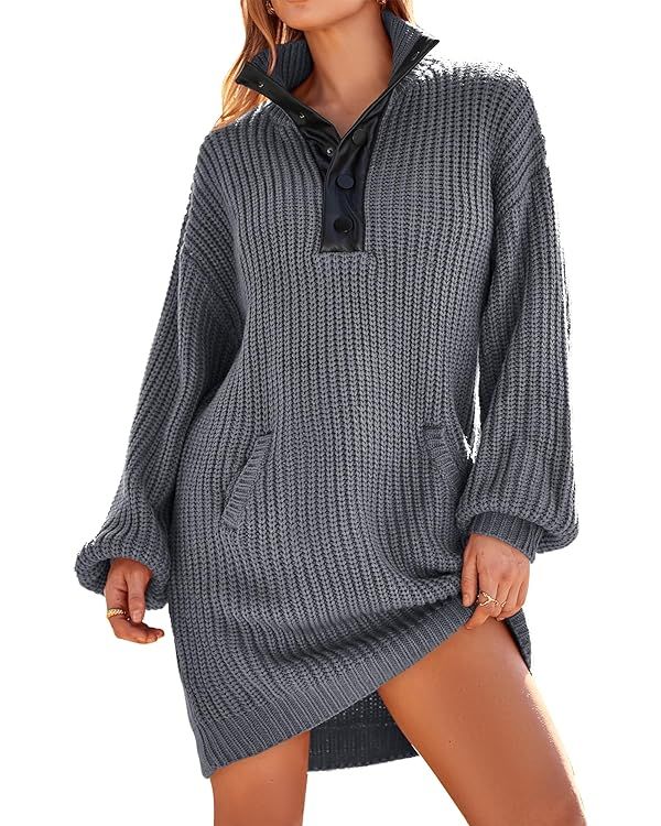 KIRUNDO Womens Fall Fashion 2023 Oversized Sweater Dress Casual Button V Neck Long Sleeve Pockets... | Amazon (US)