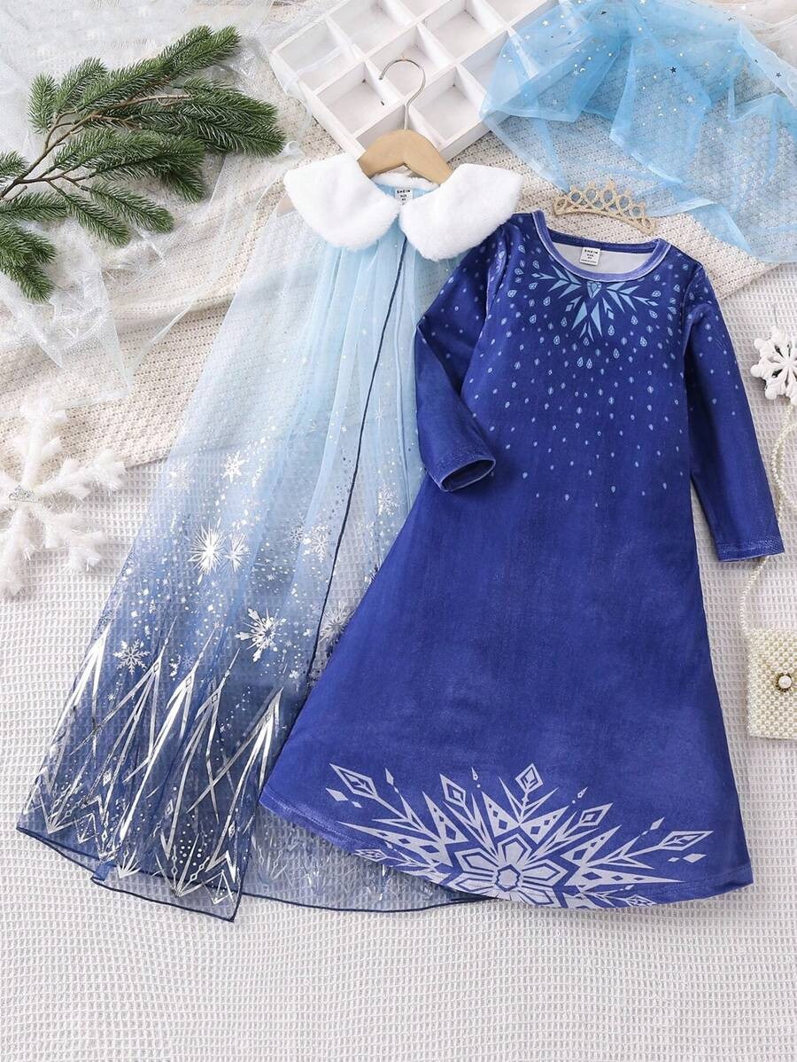 SHEIN Glamorique Kids Young Girl Snowflake Print Peter Pan Collar Dress, For Christmas | SHEIN