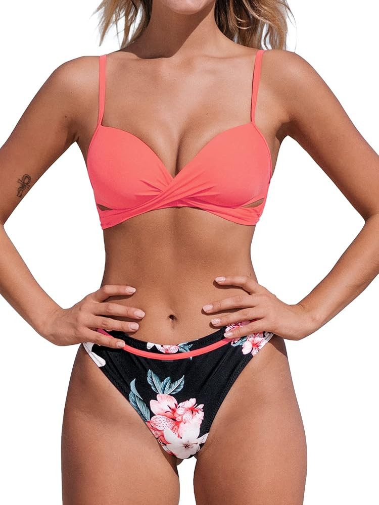 CUPSHE Women's Leafy Wrap Tie Bikini Set Halter Back Bow Low Waisted Bathing Suit | Amazon (US)
