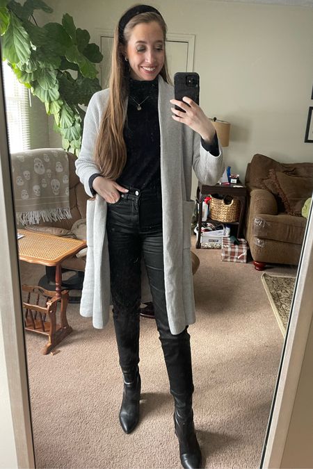 Casual winter outfit / business casual workwear outfit 
.
Gray cardigan coated jeans black boots layering turtleneck sweater amazon finds 

#LTKSeasonal #LTKworkwear #LTKstyletip