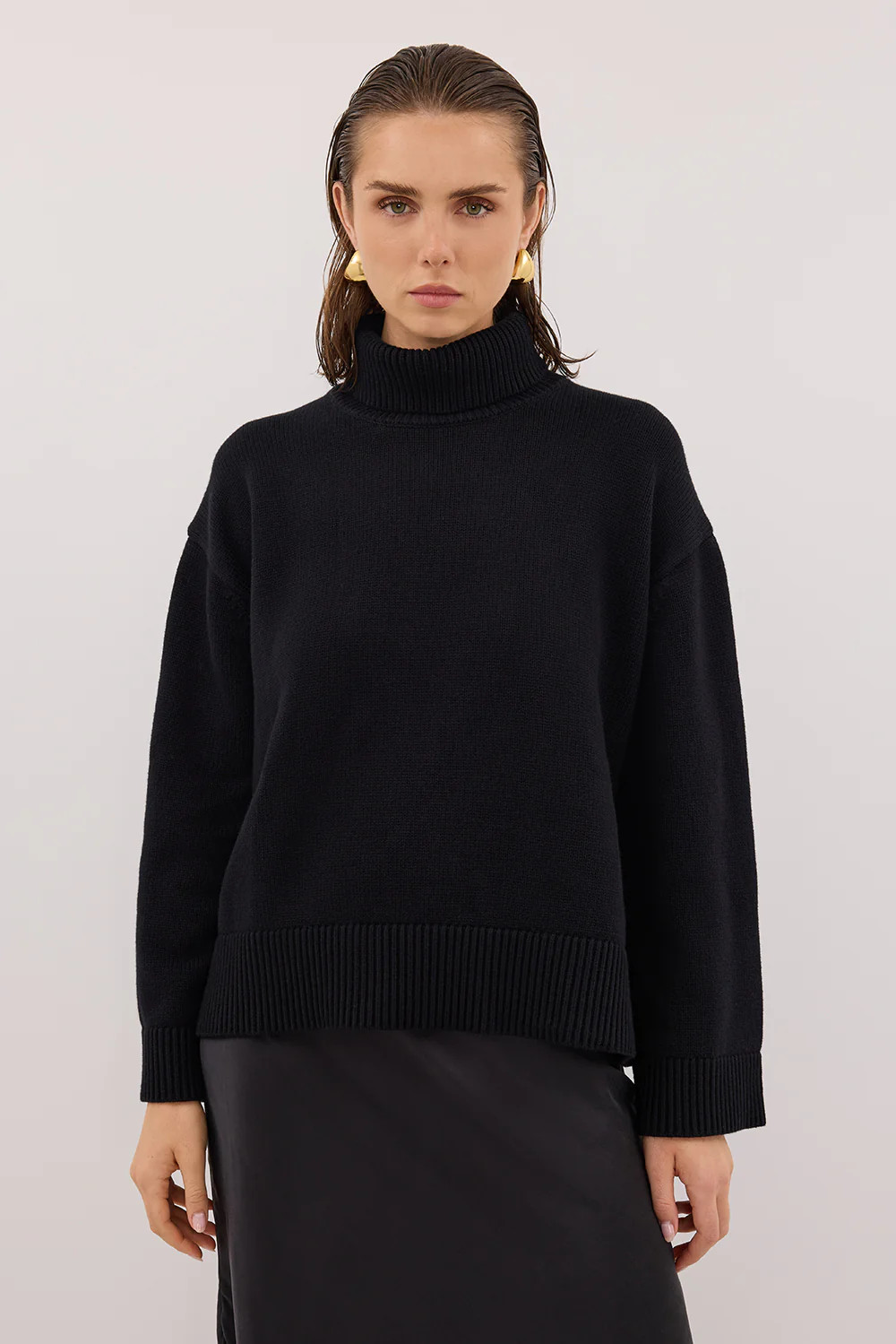 ELLA BLACK TURNBACK NECK KNIT JUMPER | DISSH