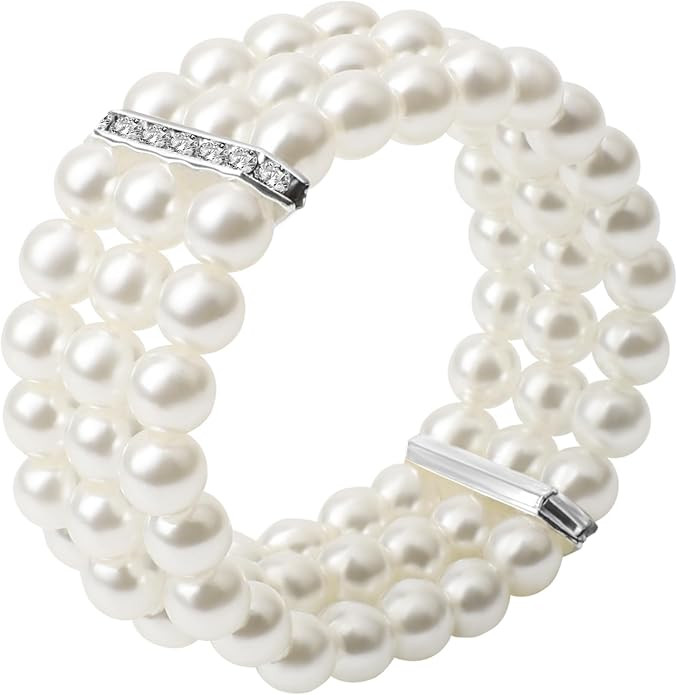 Coolrunner Ladies Faux Pearls Accent Off White Stretch Wrist Bracelet Jewelry (Pearl style3) | Amazon (US)