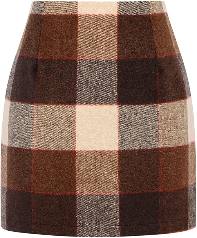 Kinghua Womens Wool Plaid Mini Skirt Fall Winter High Waisted Bodycon Pencil Skirt | Amazon (US)