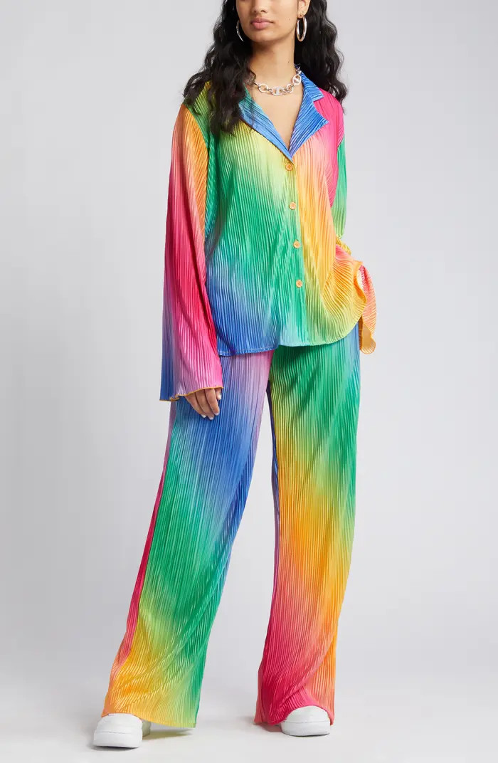 Notched Collar Plissé Top & High Waist Pants Set | Nordstrom