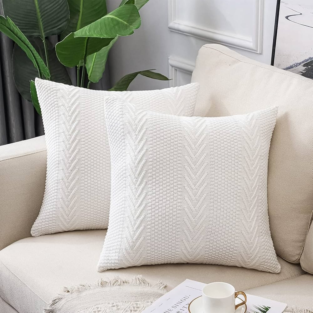 LiBcmlian White Knitted Throw Pillow Covers 18x18 Set of 2 Cotton Pillow Cushion Cases Cable Knit... | Amazon (US)