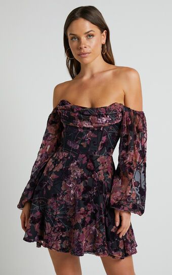 Jessell Mini Dress - Long Sleeve Cowl Corset Dress in Burnt Out Floral | Showpo (US, UK & Europe)
