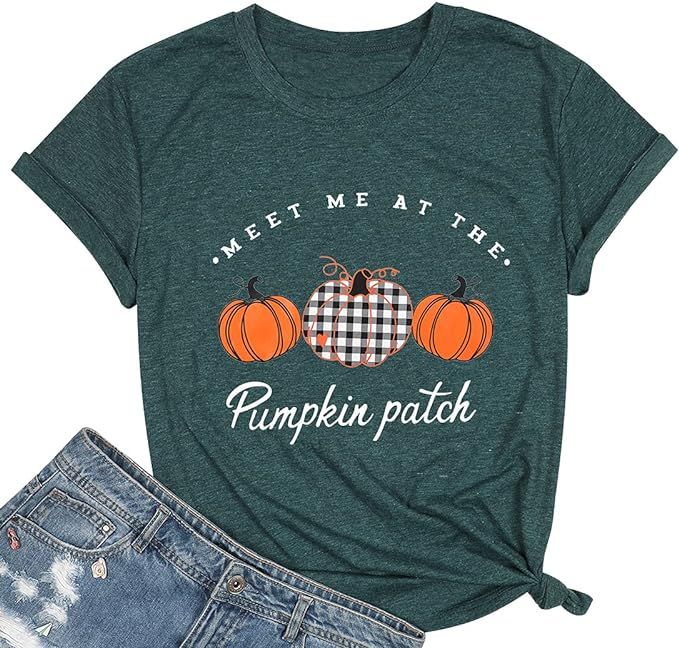 Meet Me at The Pumpkin Patch T Shirts Women Plaid Pumpkins Print Shirt Cute Graphic Fall Tee Tops | Amazon (US)