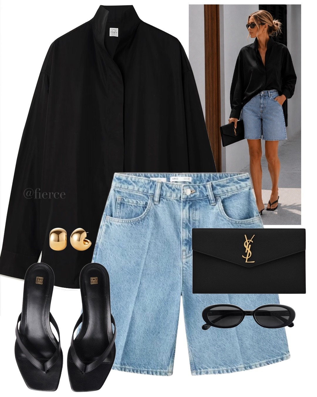 Black shirt blue denim Bermuda shorts Ysl clutch bag black thong heeled sandals chic outfit idea

#LTKuk #LTKsummer #LTKeurope