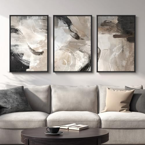 Large Framed Neutral Abstract Wall Art, 3 Piece Modern Minimalist Canvas Prints Paintings Artwork for Walls, Black Beige Brown Neutral Tone Pictures for Living Room Hallway Dining Wall Decor 20x30 In | Amazon (US)