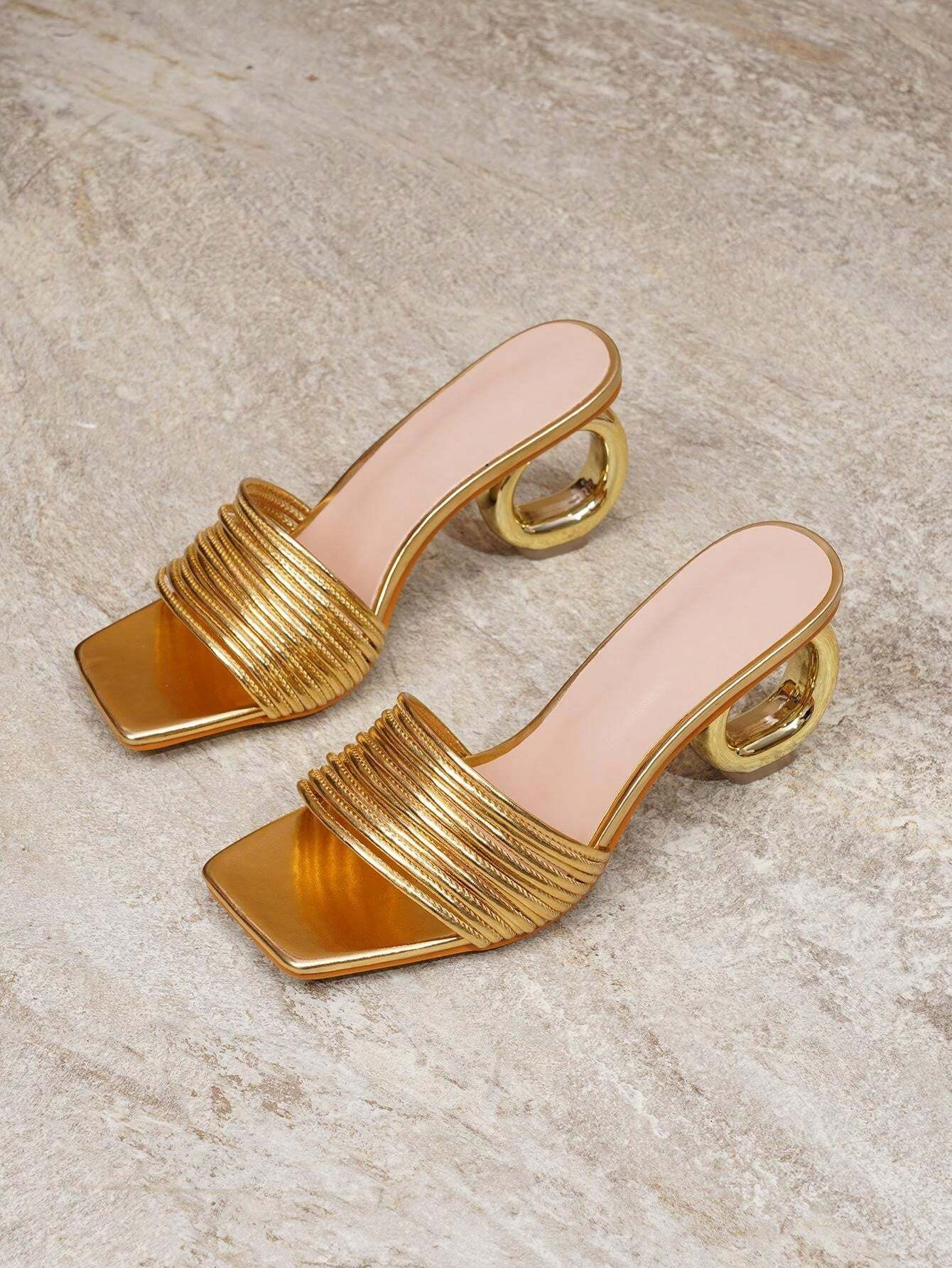Women Square Toe Asymmetric High Heel Slippers, Fashionable Metal Strap One-Piece Slide Sandals | SHEIN