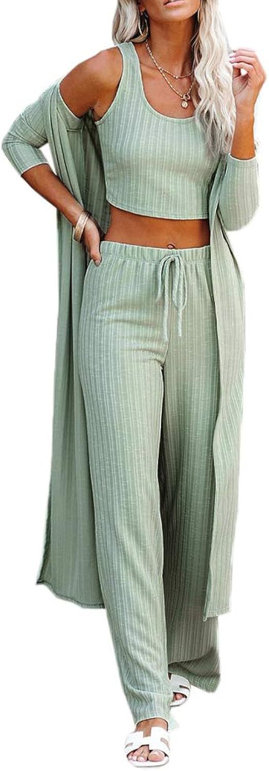 Womens Pajamas Set Fall Winter 3 Piece Loungewear Set Crop Vest Top Loose Pants and Cardigan Knitwea | Amazon (US)