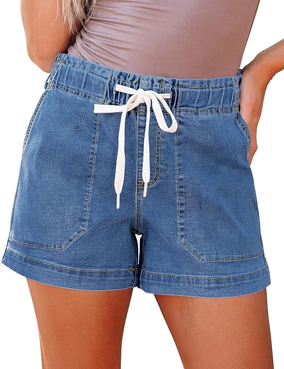 luvamia Jean Shorts for Women High Waisted Pull On Drawstring Elastic Waist Trendy Stretchy Denim... | Amazon (US)