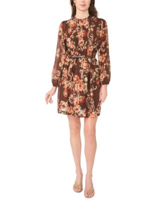 Msk Petite Long-Sleeve Floral Fit & Flare Chiffon Dress - Brown Multi | Macy's