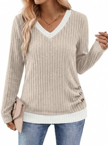 Sampeel V Neck Long Sleeve Shirts Button Side Sweaters Color Block Tops | Fall Fashion Outfits 20... | Amazon (US)