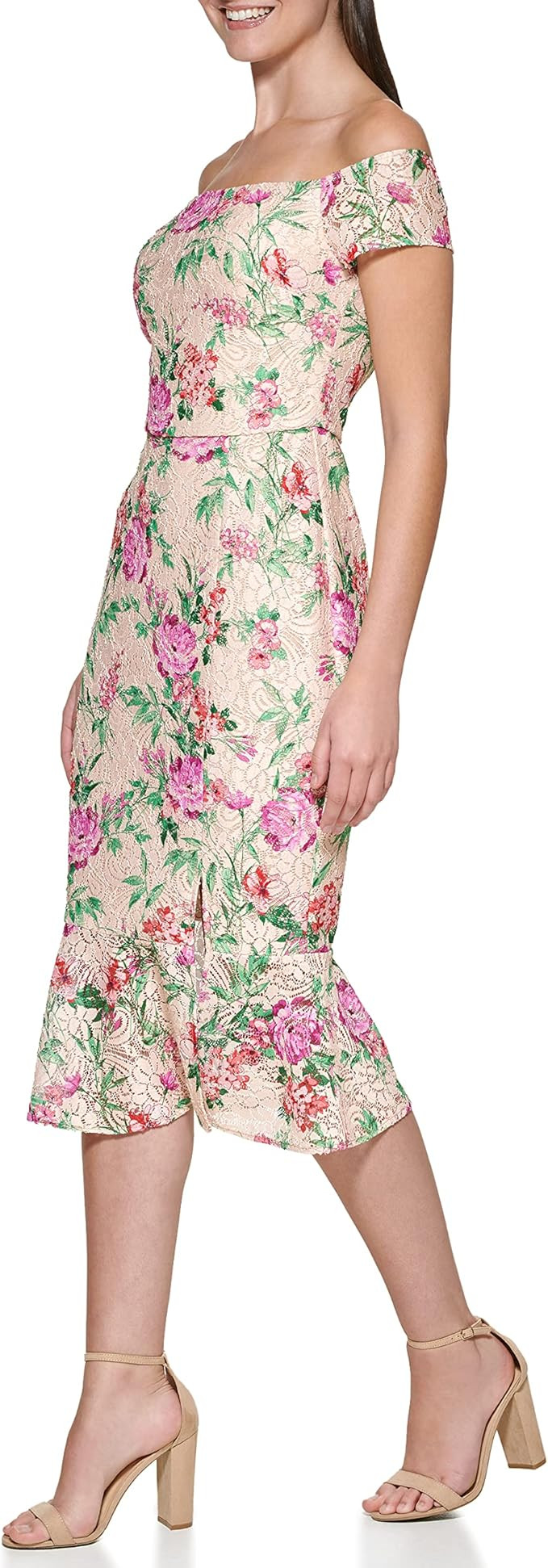 GUESS Women's Off The Shoulder Midi W/Flounced Hem | Amazon (US)