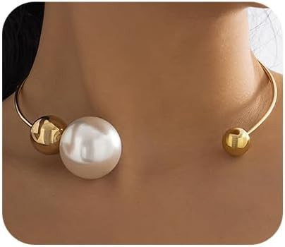 Elegant Metal Pearl Open Choker Necklace Adjustable Round Open Cuff Necklace Statement Beaded Lin... | Amazon (US)