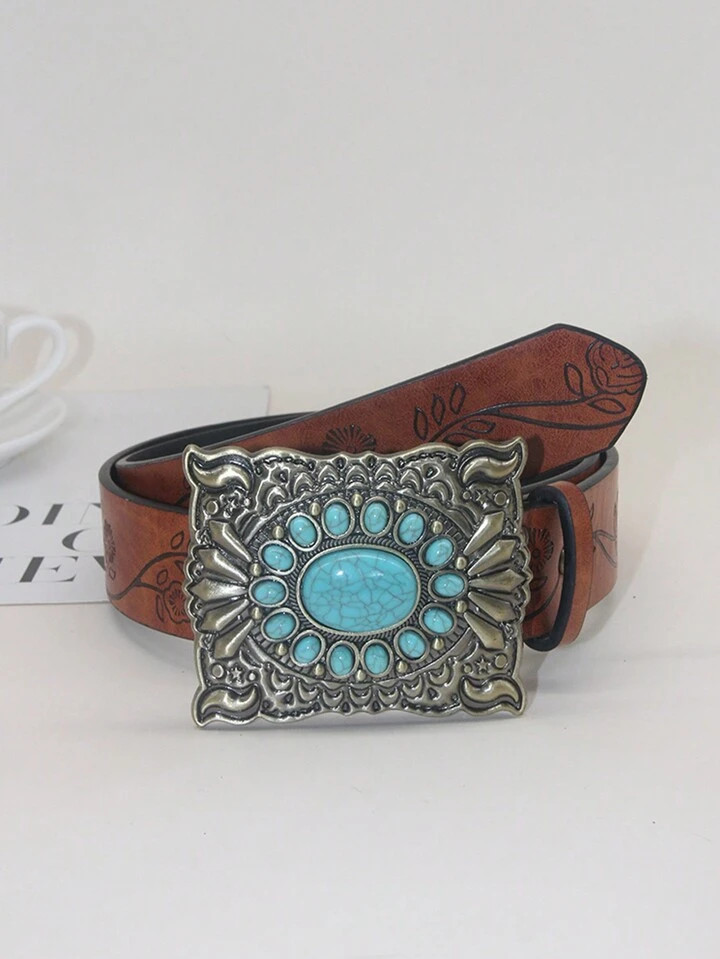 1pc Women Western Style Embossed Belt With Turquoise Decoration, For Jeans And Casual Wear Boho | SHEIN