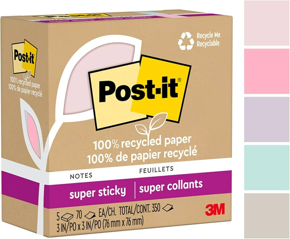 Post-it 100% Recycled Paper Super Sticky Notes 2X The Sticking Power 3x3 in 5 Pads 70 Sheets/Pad ... | Amazon (US)