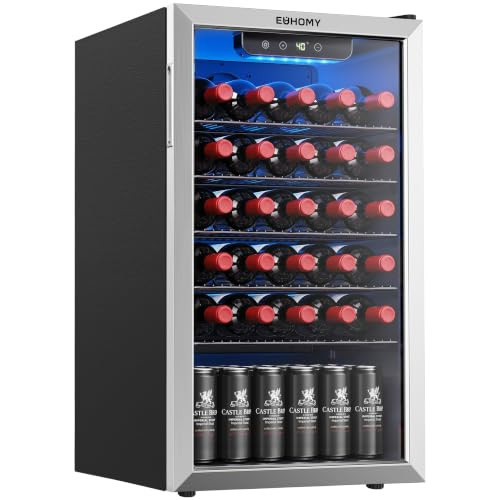 EUHOMY Wine Cooler, 128 Can Wine Fridge with Glass Door for Soda Beer or Wine, Mini Fridge for Home, Office, Bar with Removable Shelves, Silver | Amazon (US)