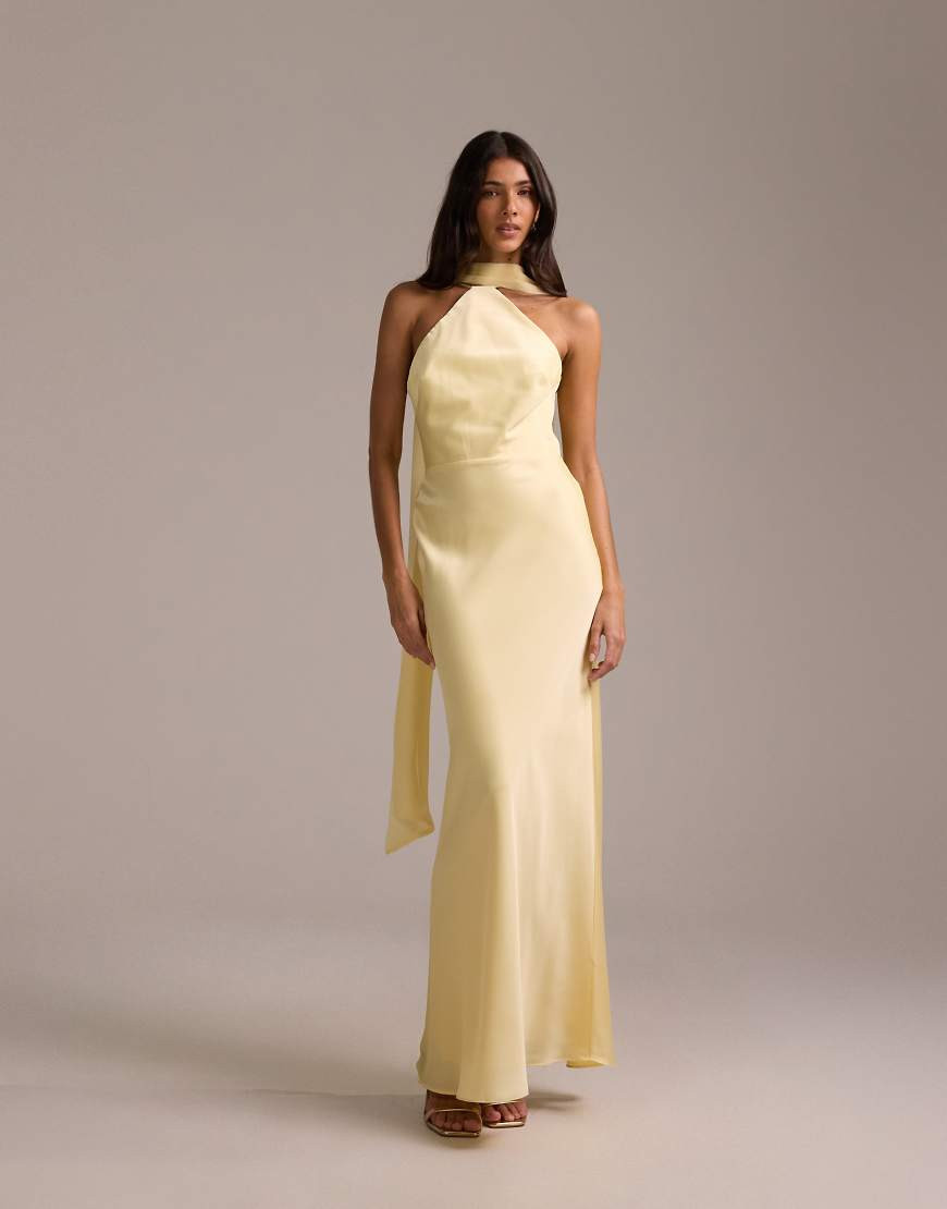 ASOS DESIGN bridesmaids halter neck satin maxi dress with scarf detail in lemon-Yellow | ASOS (Global)