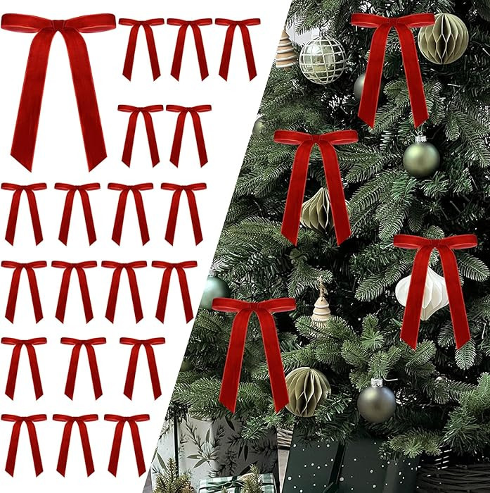 Senjie 24Pcs Christmas Velvet Bows for Tree, Vintage Ribbon Bows Ornaments for Garland Wreath Gif... | Amazon (US)
