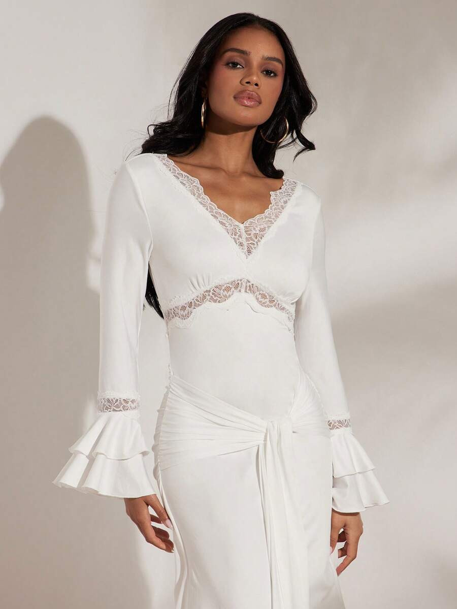 Opulessa Solid Color V-Neck Long Sleeve Fitted Dress For Women, Boho Long Sleeve White Dress, Aut... | SHEIN